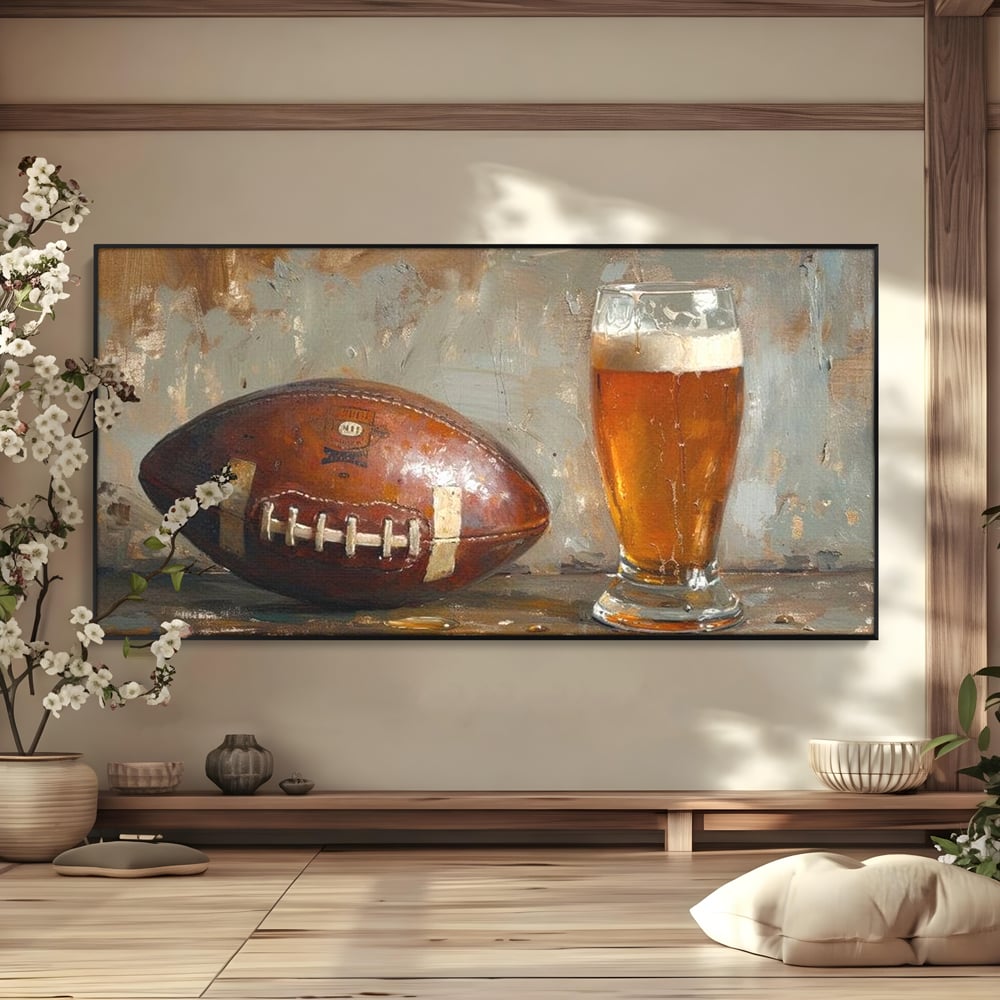 Tablou canvas cu pictura cu minge de fotbal si pahar de bere, in rama de aluminiu negru